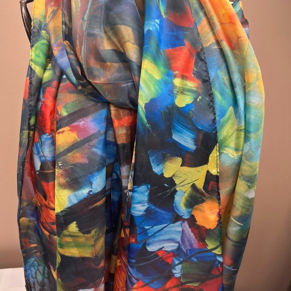 Abstract Art Scarf by Cleo – 2010s – Multicolor Silk Feel – Painterly Pattern - Picture 9 of 12